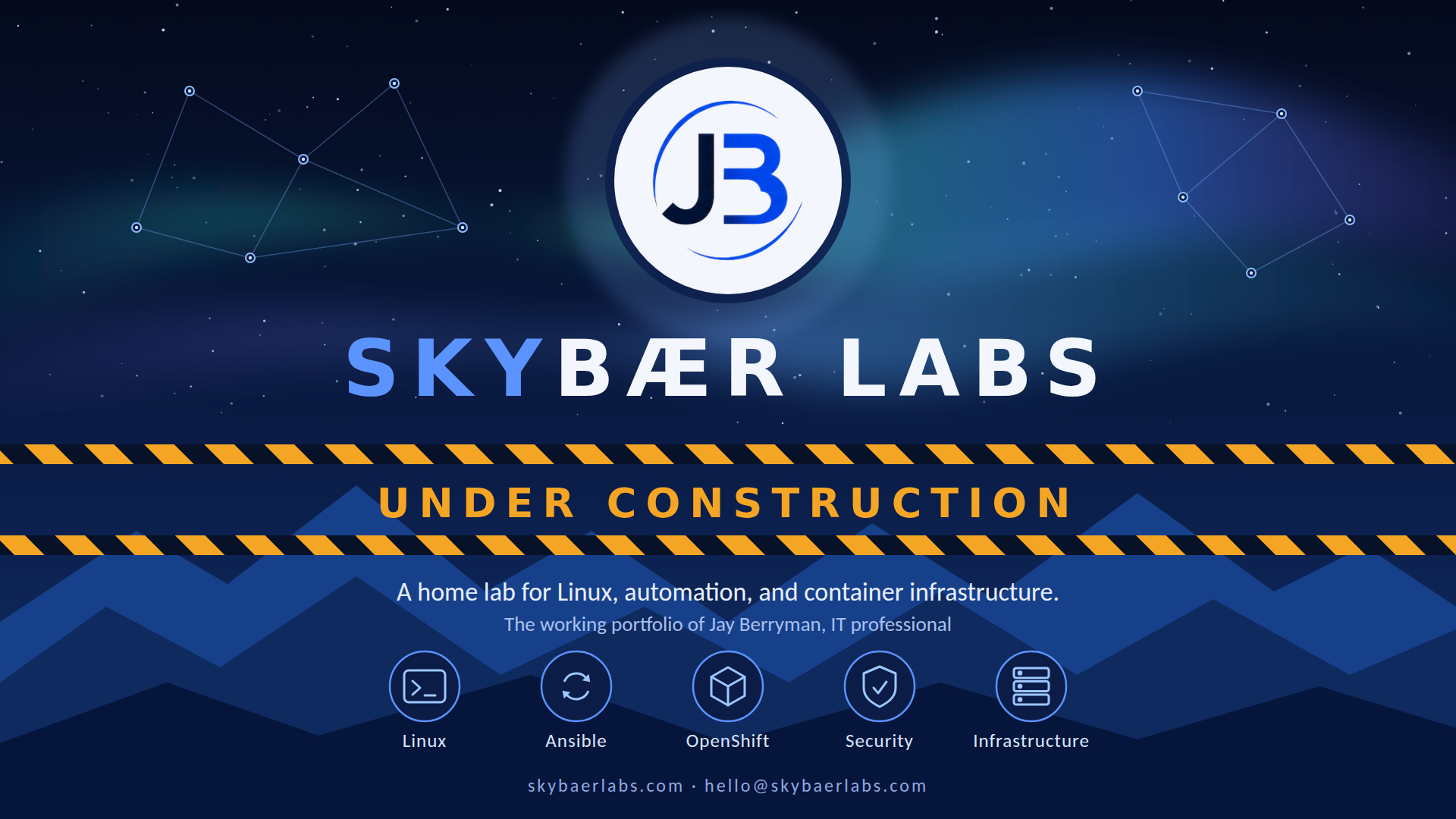 Skybær Labs under construction. A home lab for Linux, automation, and container infrastructure. The working portfolio of Jay Berryman, IT professional. Contact hello@skybaerlabs.com.